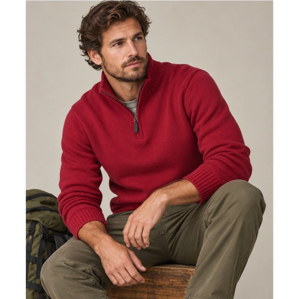 LL Bean Quarter Zip Sweater M-Tall Red Cotton Pullover Gorpcore Heavyweight